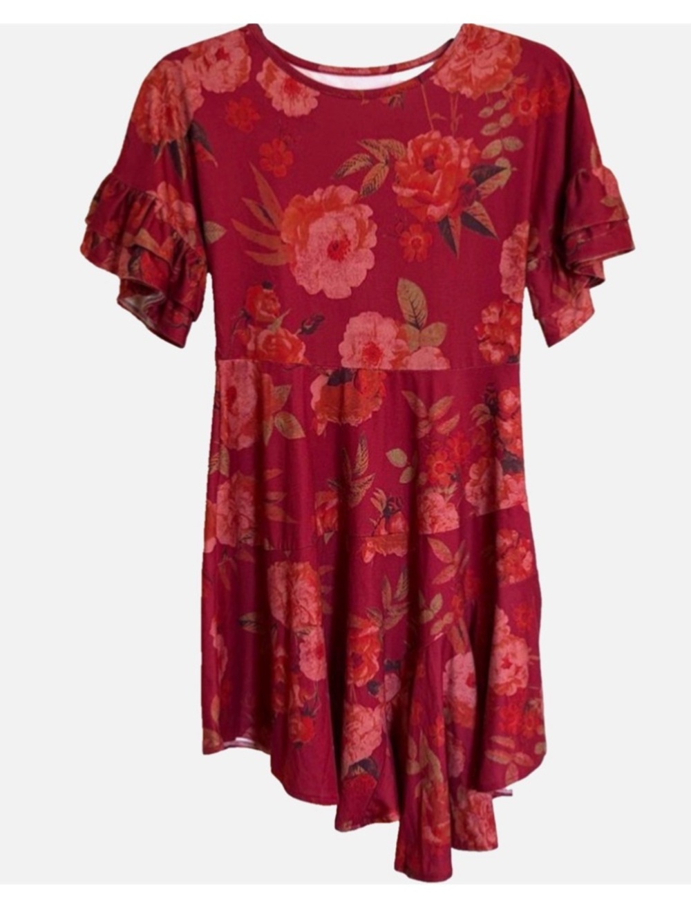Mia Joy Girls 10 Burgundy Floral Boutique Dress Flutter Sleeve Asymmetrical Hem